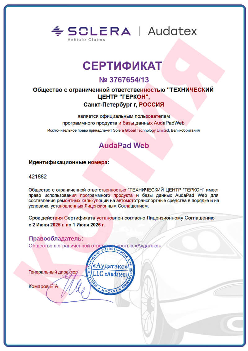 Сертификат на право использования программы и базы данных AudaPad Web 2025 год